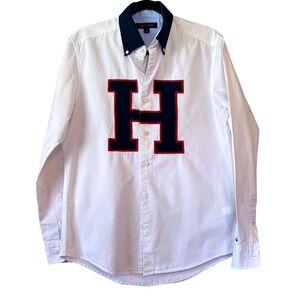 VTG Tommy Hilfiger Oxford Shirt Mens Size S White Blue Collegiate Letter H Y2K